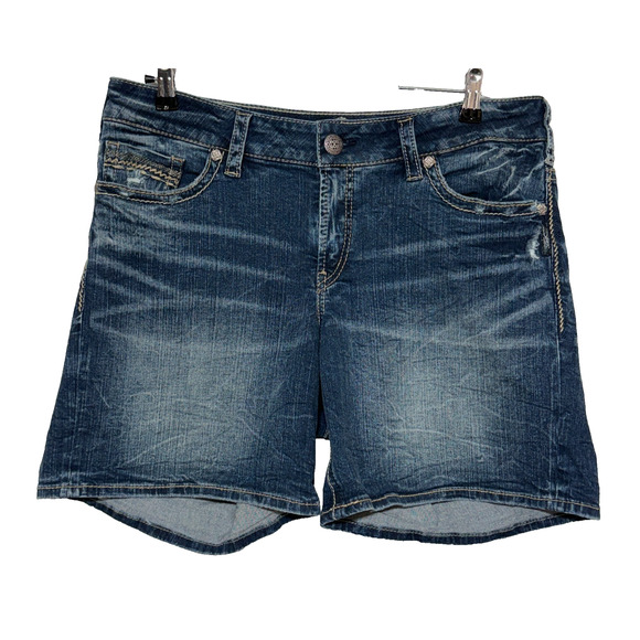Silver Shorts Womens 16 Blue Fluid Denim Suki Mid Short Distressed Measures 36X7 - Picture 2 of 7